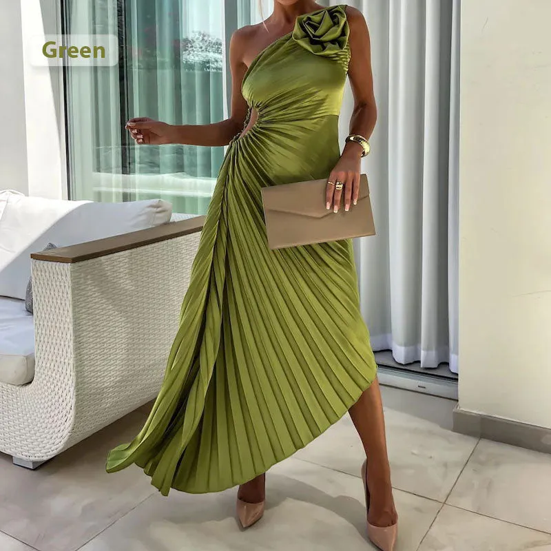 💕 Classy & Comfortable:Asymmetrical Pleated Dress with Slant Neckline