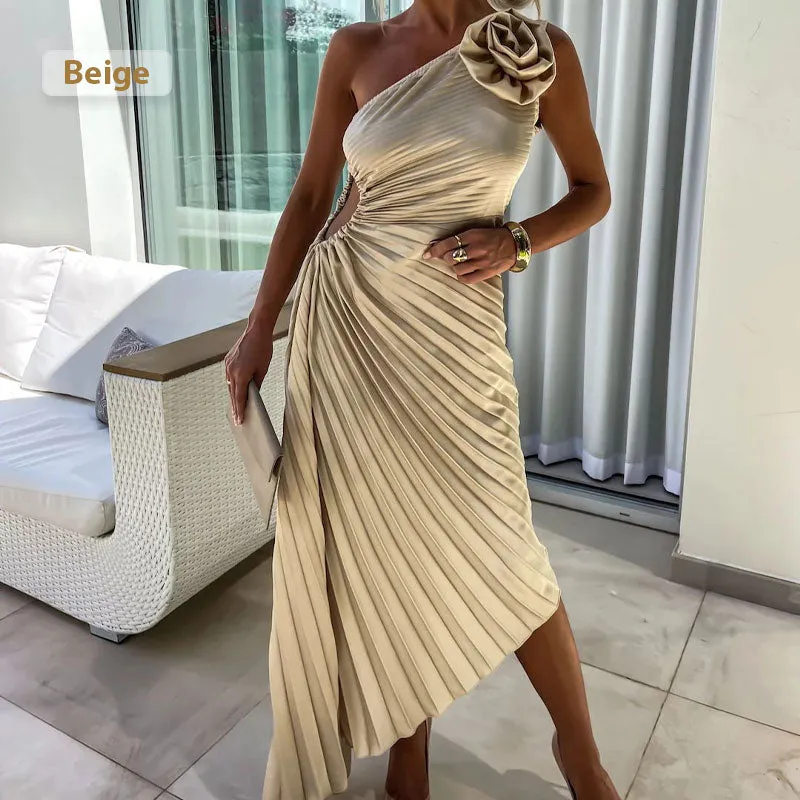 💕 Classy & Comfortable:Asymmetrical Pleated Dress with Slant Neckline