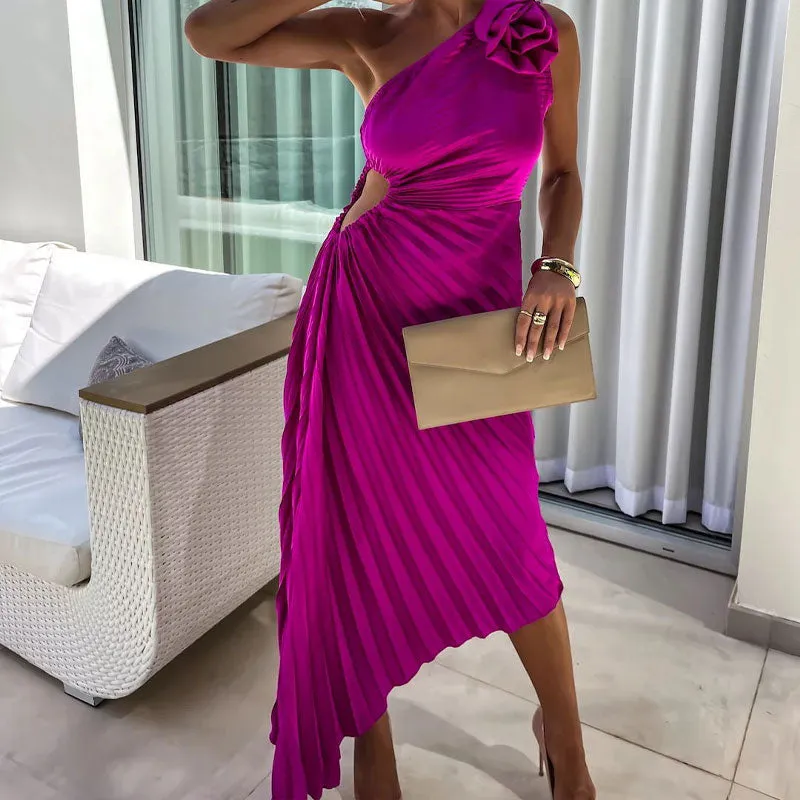💕 Classy & Comfortable:Asymmetrical Pleated Dress with Slant Neckline