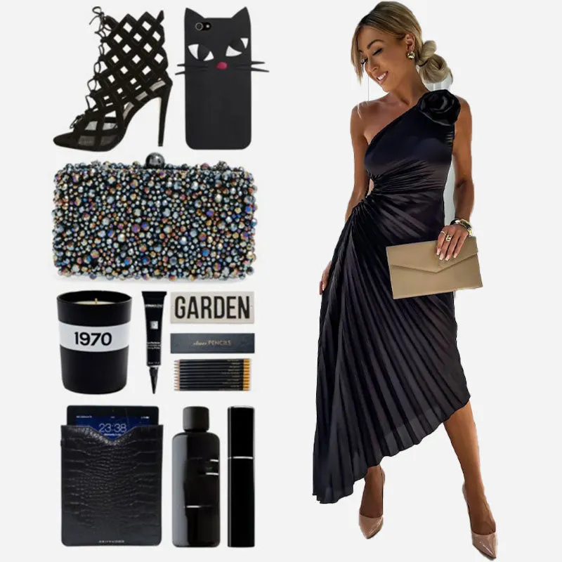 💕 Classy & Comfortable:Asymmetrical Pleated Dress with Slant Neckline