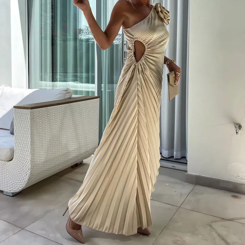 💕 Classy & Comfortable:Asymmetrical Pleated Dress with Slant Neckline