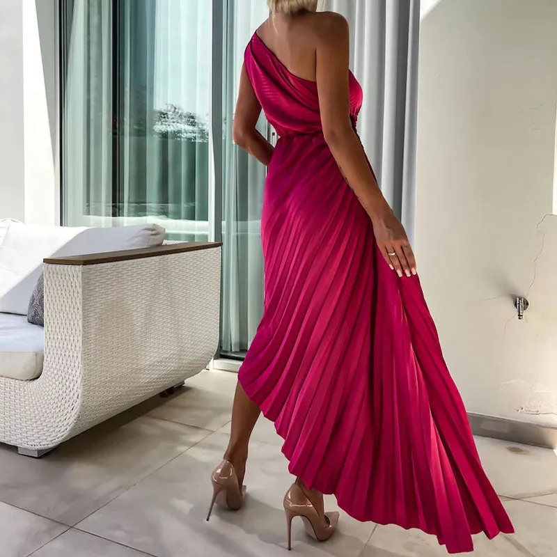 💕 Classy & Comfortable:Asymmetrical Pleated Dress with Slant Neckline
