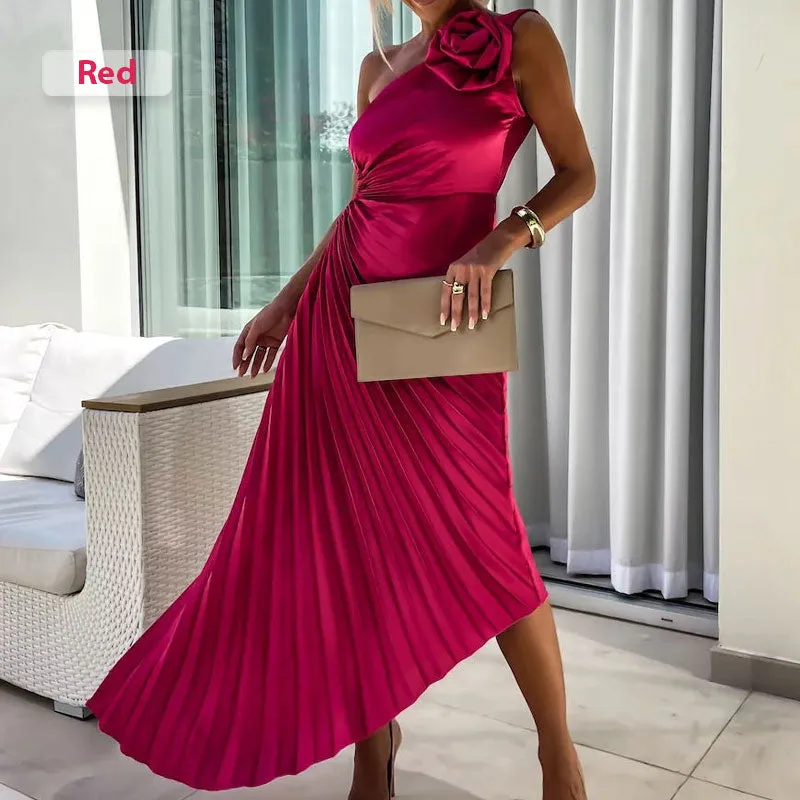 💕 Classy & Comfortable:Asymmetrical Pleated Dress with Slant Neckline