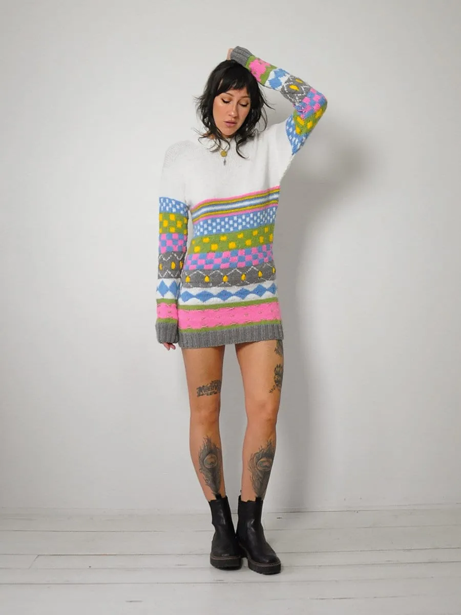 1980's Checkered   Stripe Sweater Dress