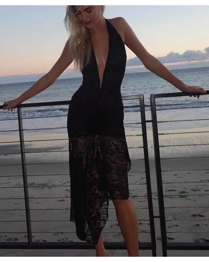 2024ss sexy neckline deep V lace dress