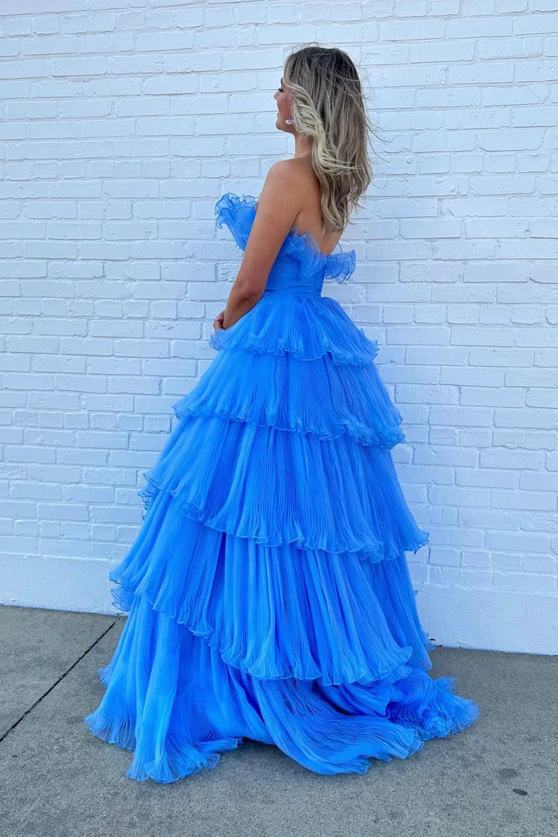 A-line Off-the-Shoulder Blue Ruffle Layers Tulle Long Prom Dress