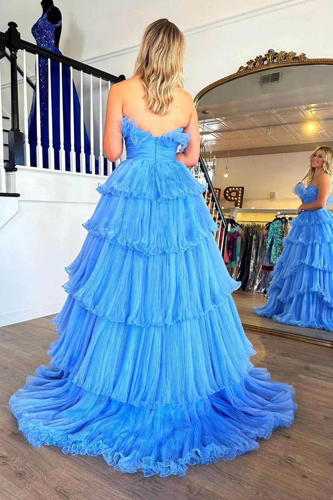 A-line Off-the-Shoulder Blue Ruffle Layers Tulle Long Prom Dress