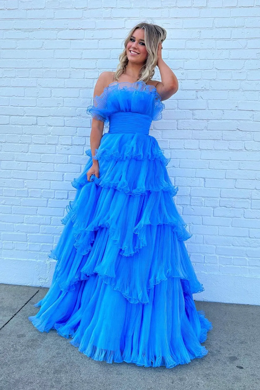 A-line Off-the-Shoulder Blue Ruffle Layers Tulle Long Prom Dress