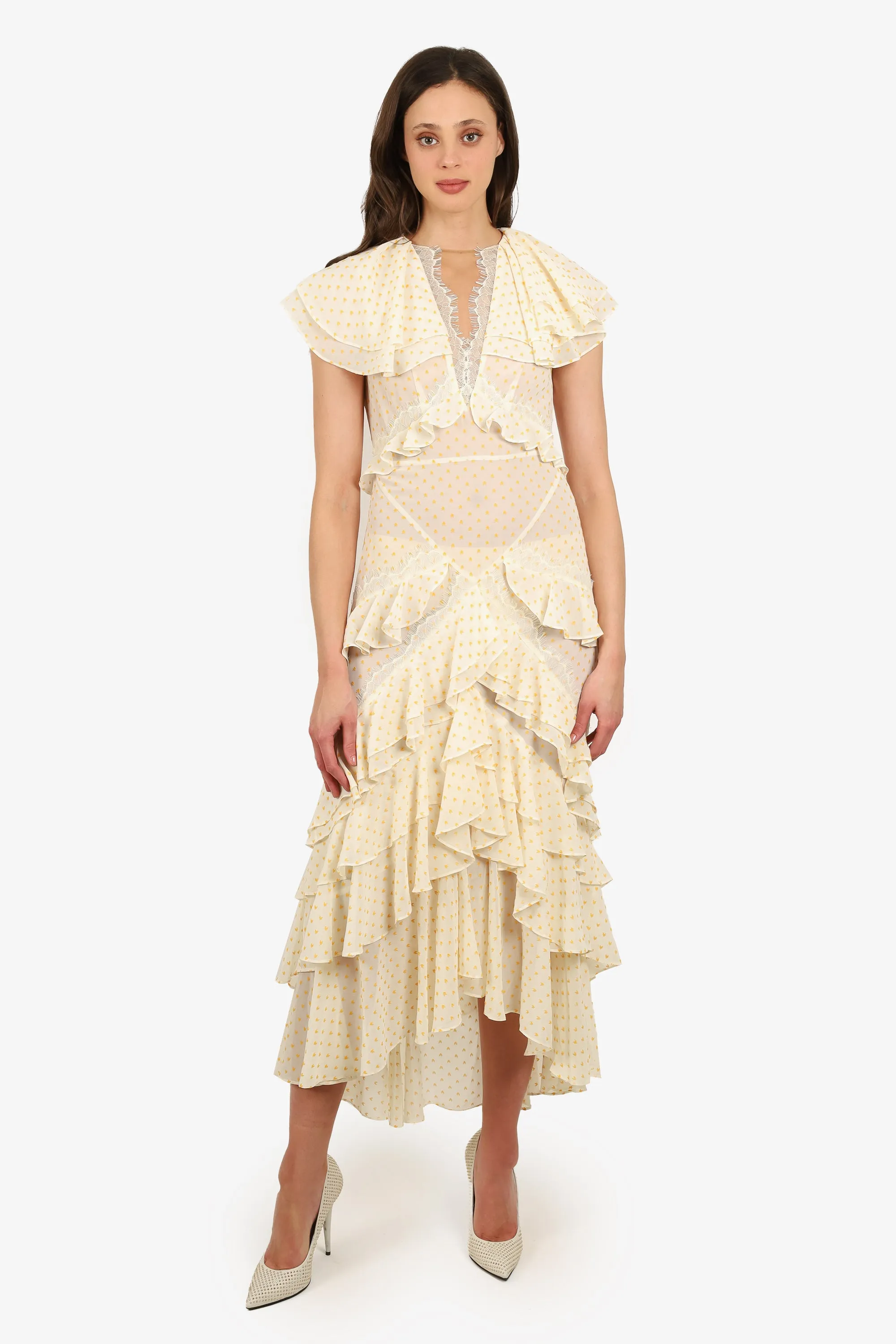 Acler White/Orange Polka Dot Tiered Short-Sleeve Maxi Dress Size Small