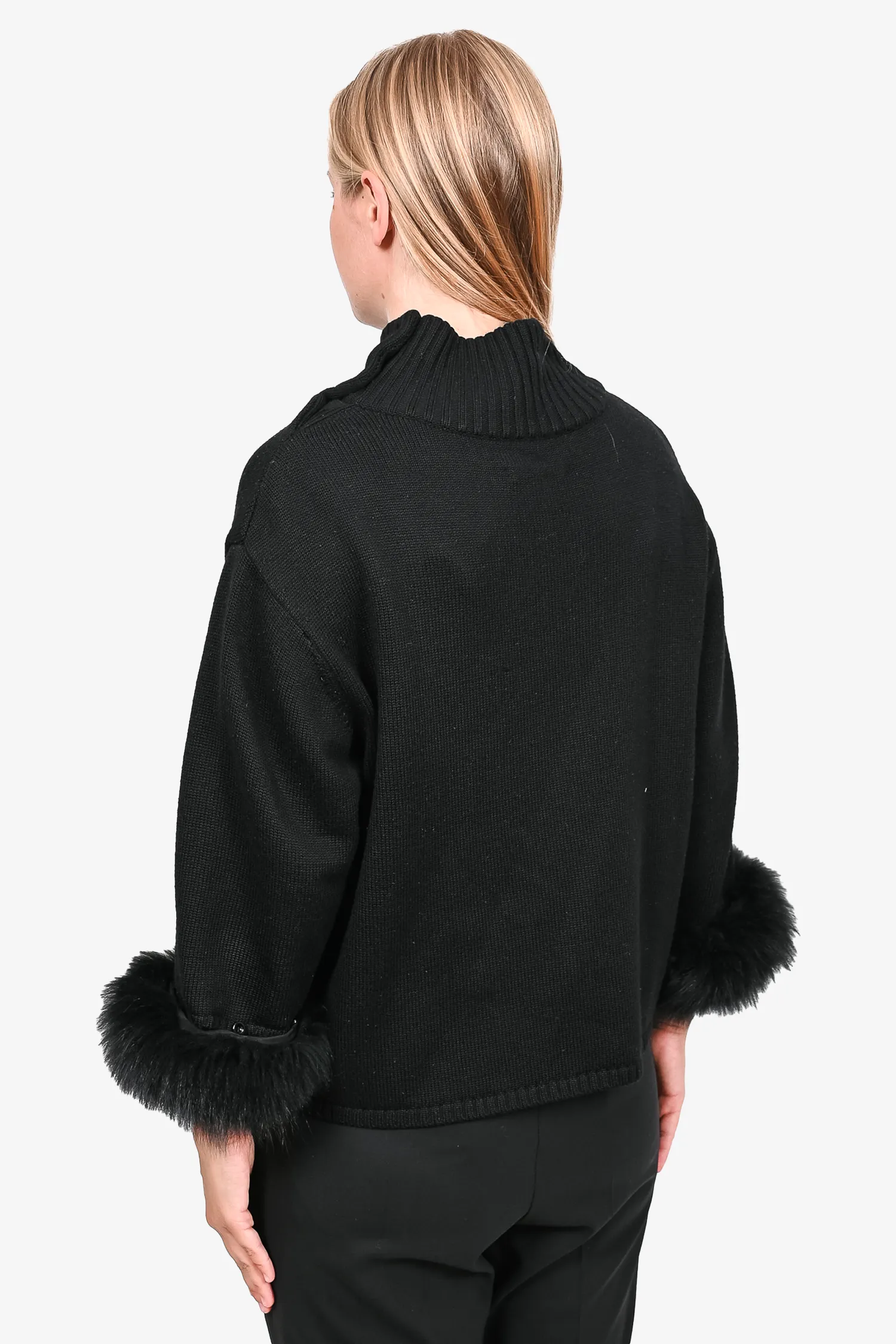 Alice   Olivia Black Fur Cuff Sweater Wool Turtle Neck w/ Button Neck