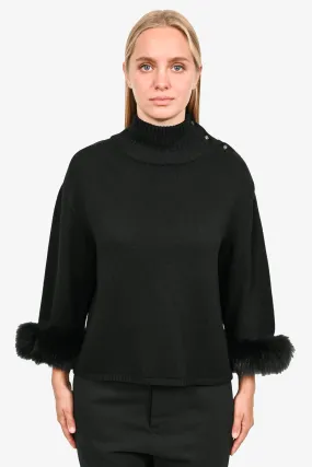 Alice   Olivia Black Fur Cuff Sweater Wool Turtle Neck w/ Button Neck