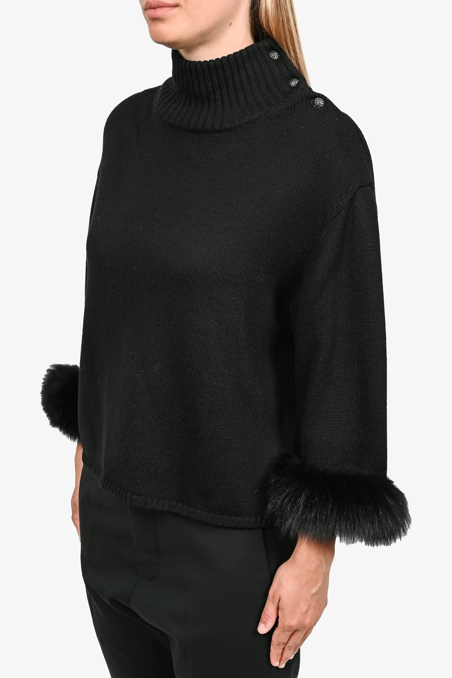 Alice   Olivia Black Fur Cuff Sweater Wool Turtle Neck w/ Button Neck