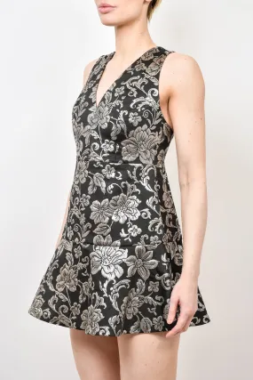 Alice   Olivia Black/Silver Metallic V-Neck Sleeveless Mini Dress