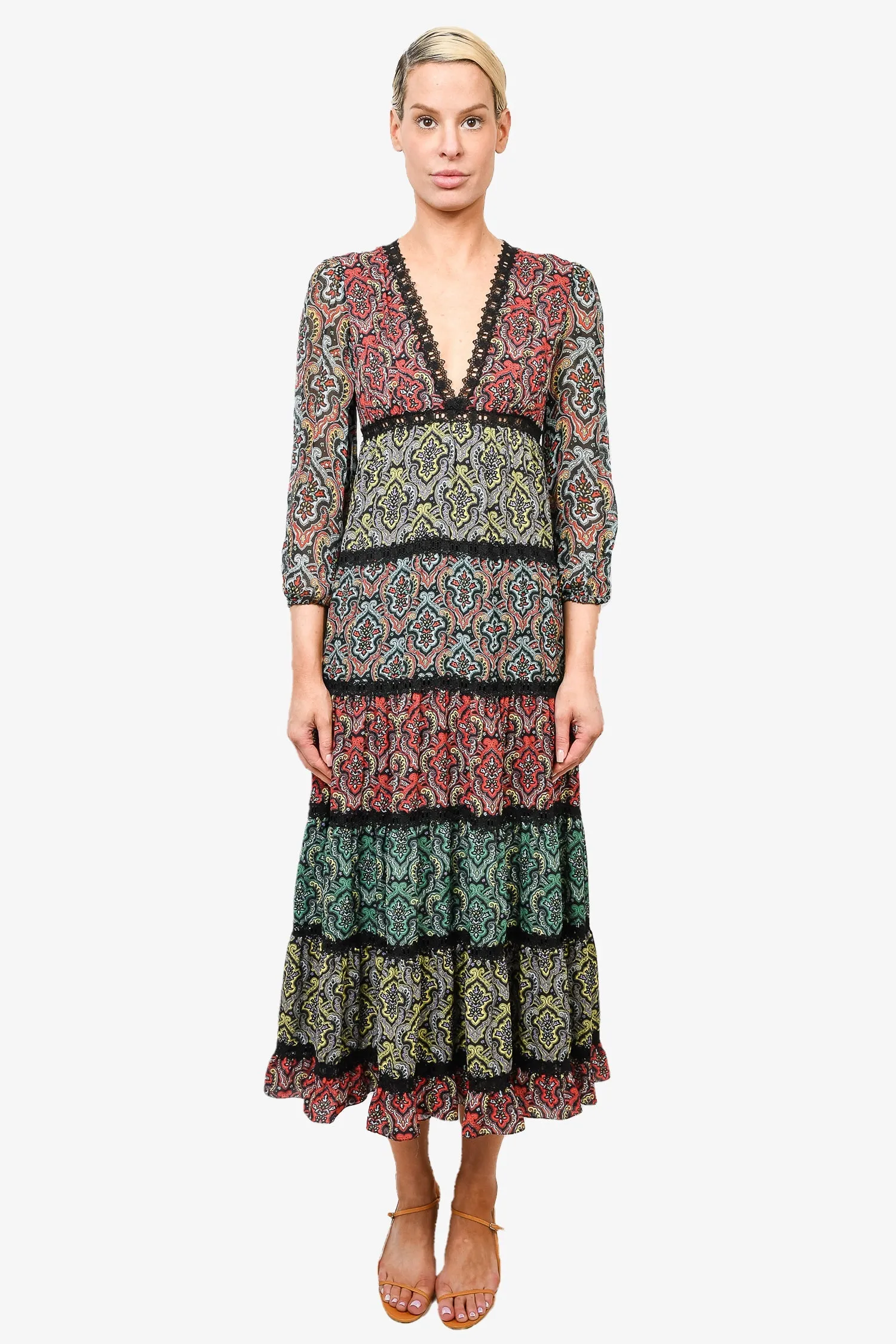 Alice   Olivia Multicolour Pattern Maxi Dress with Lace Detailing Size 2
