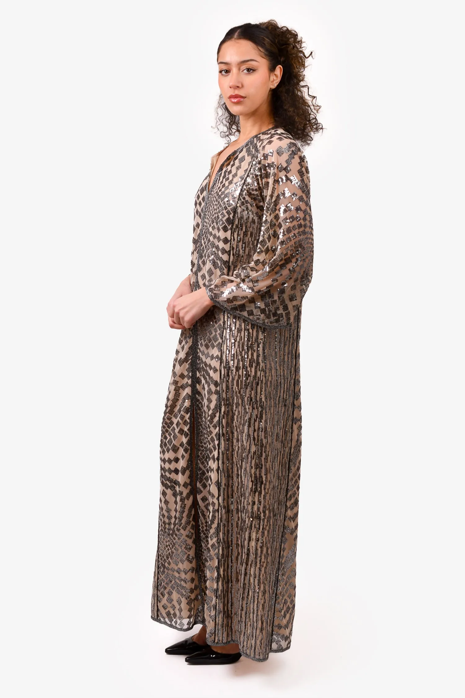 Anna Sui Cream/Silver Sequin Maxi Dress Size S