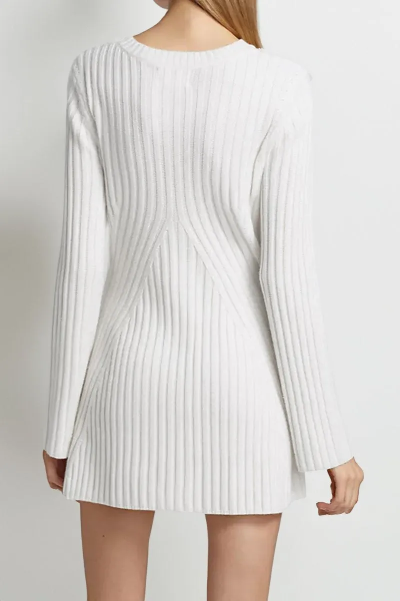 Beige Versatile Knit Crew Neck Cuff Slit Rib Long Sleeve Slim Sweater Dress