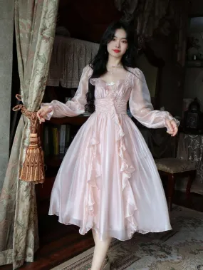 Blue Angel Ruffled Flower Floral Princess Fairytale Transparent Long Pink Dress