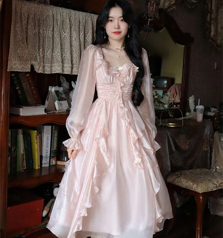 Blue Angel Ruffled Flower Floral Princess Fairytale Transparent Long Pink Dress