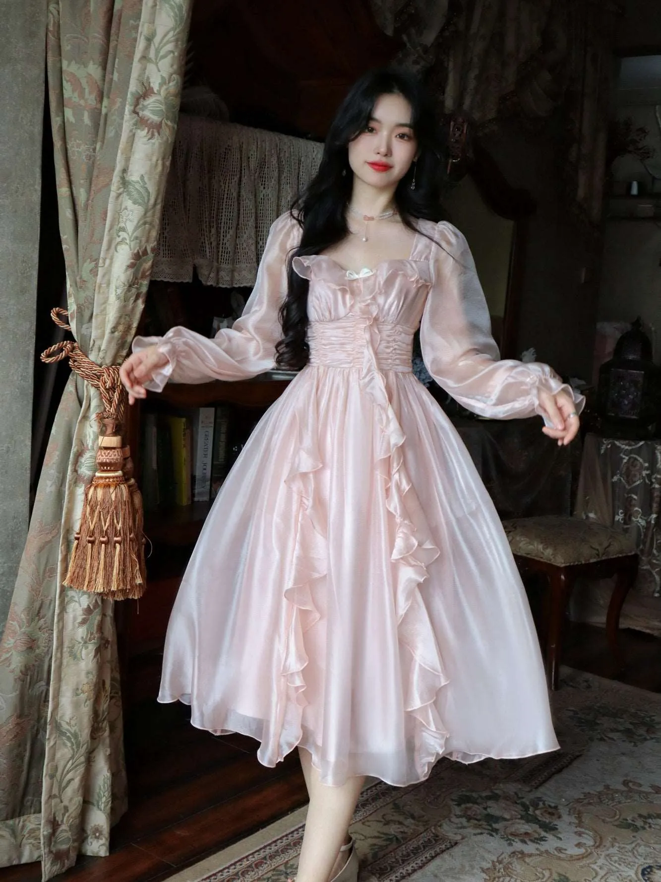 Blue Angel Ruffled Flower Floral Princess Fairytale Transparent Long Pink Dress