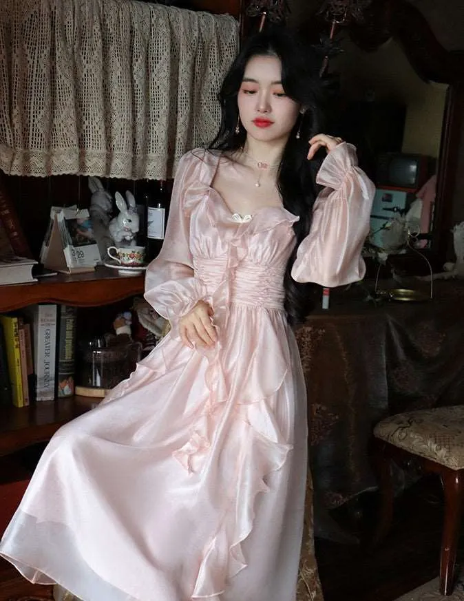 Blue Angel Ruffled Flower Floral Princess Fairytale Transparent Long Pink Dress