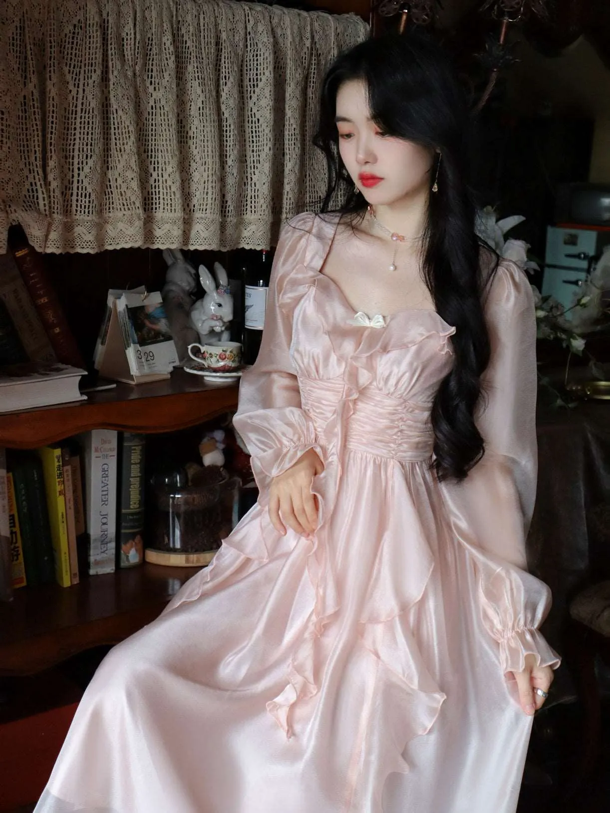 Blue Angel Ruffled Flower Floral Princess Fairytale Transparent Long Pink Dress
