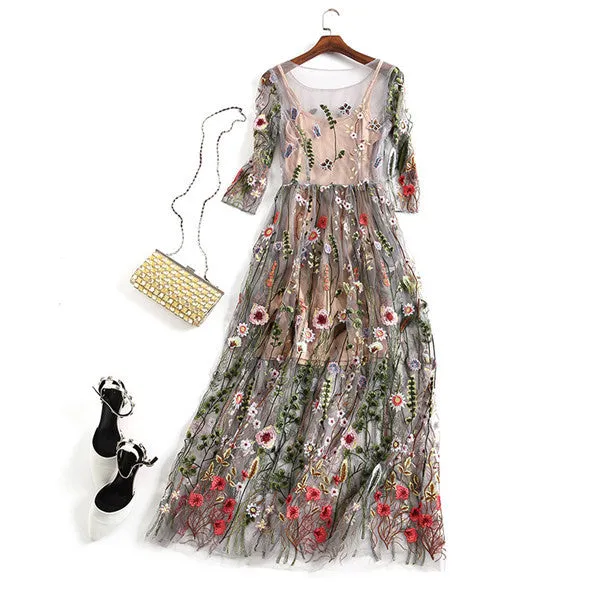 Bohemian Flower Sheer Embroidered Dress