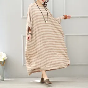 boutique khaki striped linen maxi dress plus size o neck linen gown women batwing sleeve gown
