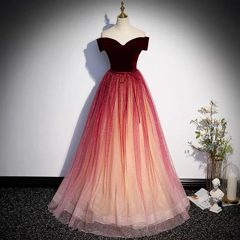 Burgundy Fairytale Off Shoulders Gradient Prom Dress
