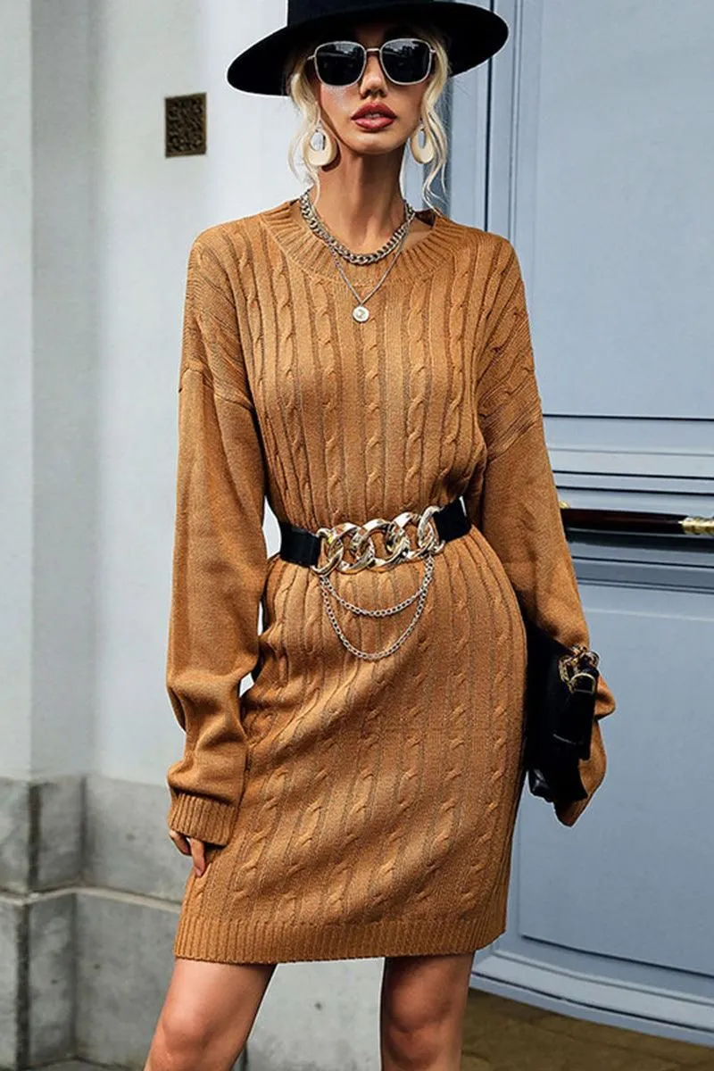 CABLE KNIT LONG SLEEVE CASUAL DRESS