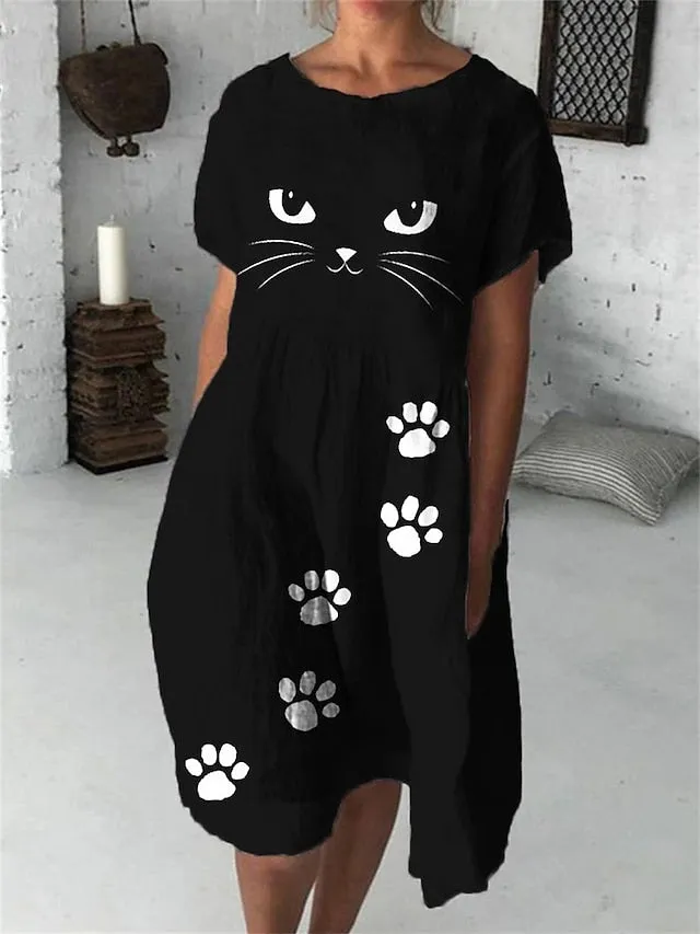 Casual Sweater Dress Shift Sweater Dress Summer Sweater Dress Floral Cat Print Crew Neck Midi Sweater Dress Active Fashion Outdoor Street Short Sleeve Loose Fit Black White Cream Summer Spring for Women