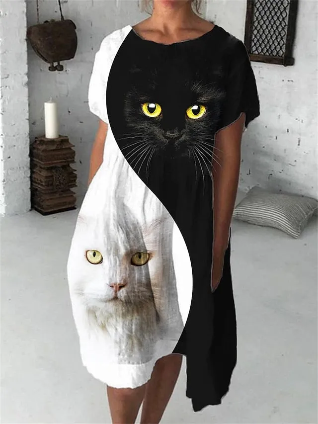 Casual Sweater Dress Shift Sweater Dress Summer Sweater Dress Floral Cat Print Crew Neck Midi Sweater Dress Active Fashion Outdoor Street Short Sleeve Loose Fit Black White Cream Summer Spring for Women
