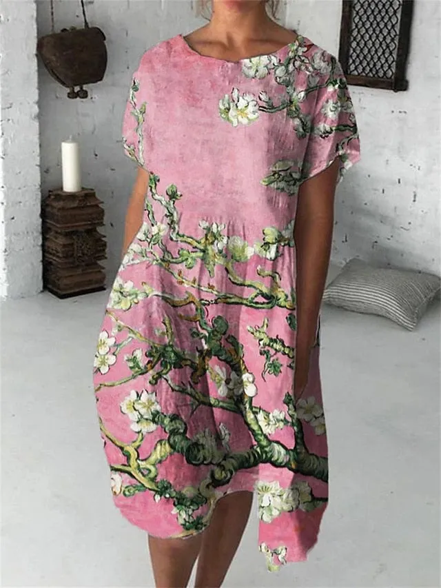 Casual Sweater Dress Shift Sweater Dress Summer Sweater Dress Floral Cat Print Crew Neck Midi Sweater Dress Active Fashion Outdoor Street Short Sleeve Loose Fit Black White Cream Summer Spring for Women