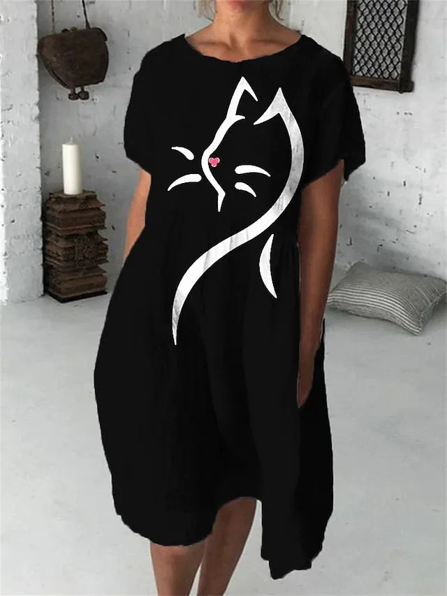 Casual Sweater Dress Shift Sweater Dress Summer Sweater Dress Floral Cat Print Crew Neck Midi Sweater Dress Active Fashion Outdoor Street Short Sleeve Loose Fit Black White Cream Summer Spring for Women