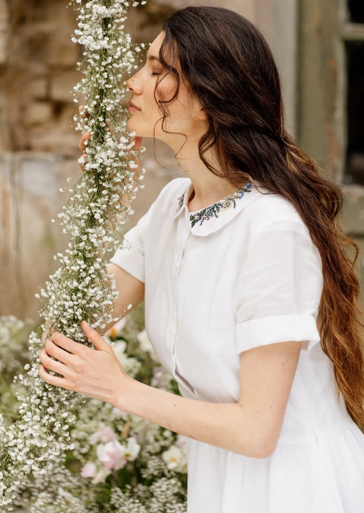 Classic Dress with Embroidered Meadow Collar, Short Sleeve
