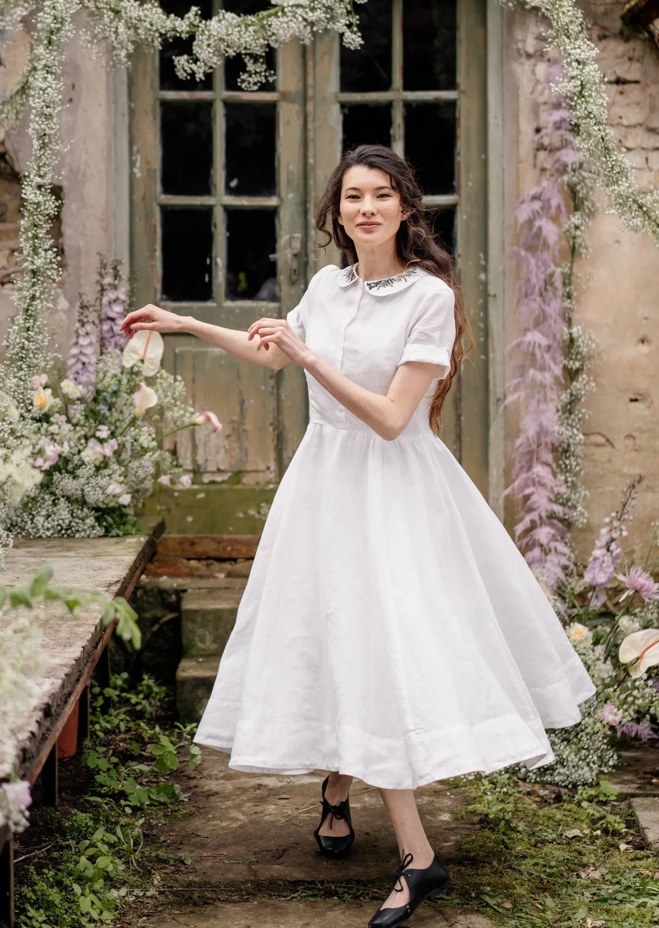 Classic Dress with Embroidered Meadow Collar, Short Sleeve
