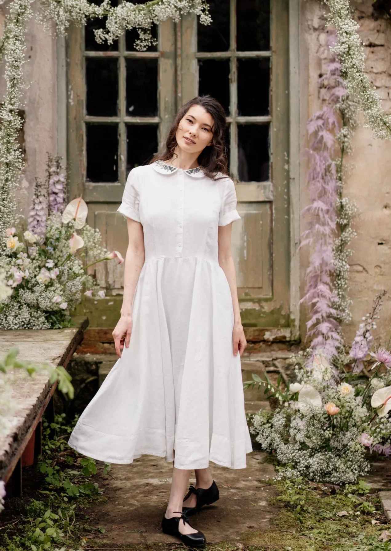 Classic Dress with Embroidered Meadow Collar, Short Sleeve