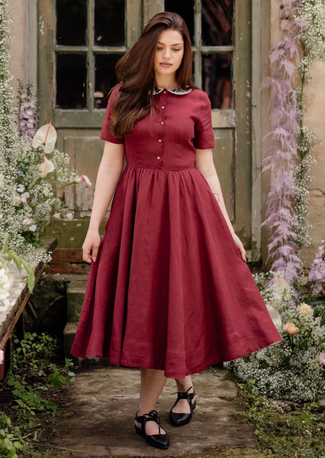 Classic Dress with Embroidered Meadow Collar, Short Sleeve