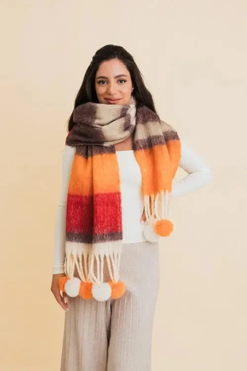 Contrast Color Stripes Chunky Pom Tassel Scarf