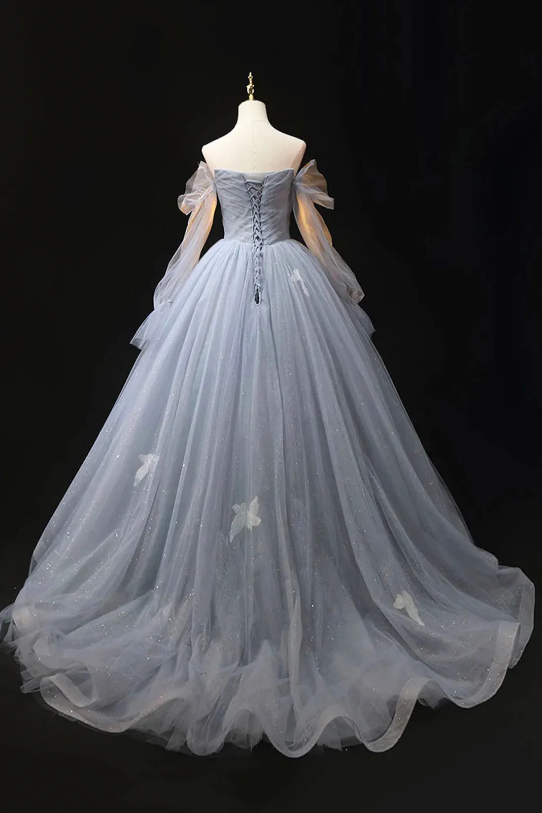 Gray Blue Tulle Lace Floor Length Prom Dress, Elegant Off the Shoulder Long Sleeve Party Dress