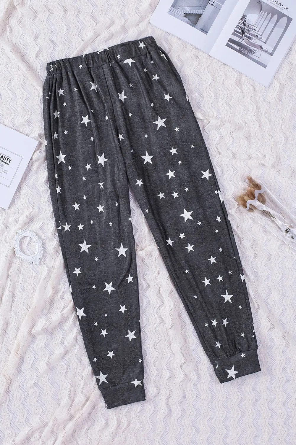 Gray Star Print Elastic Waist Joggers