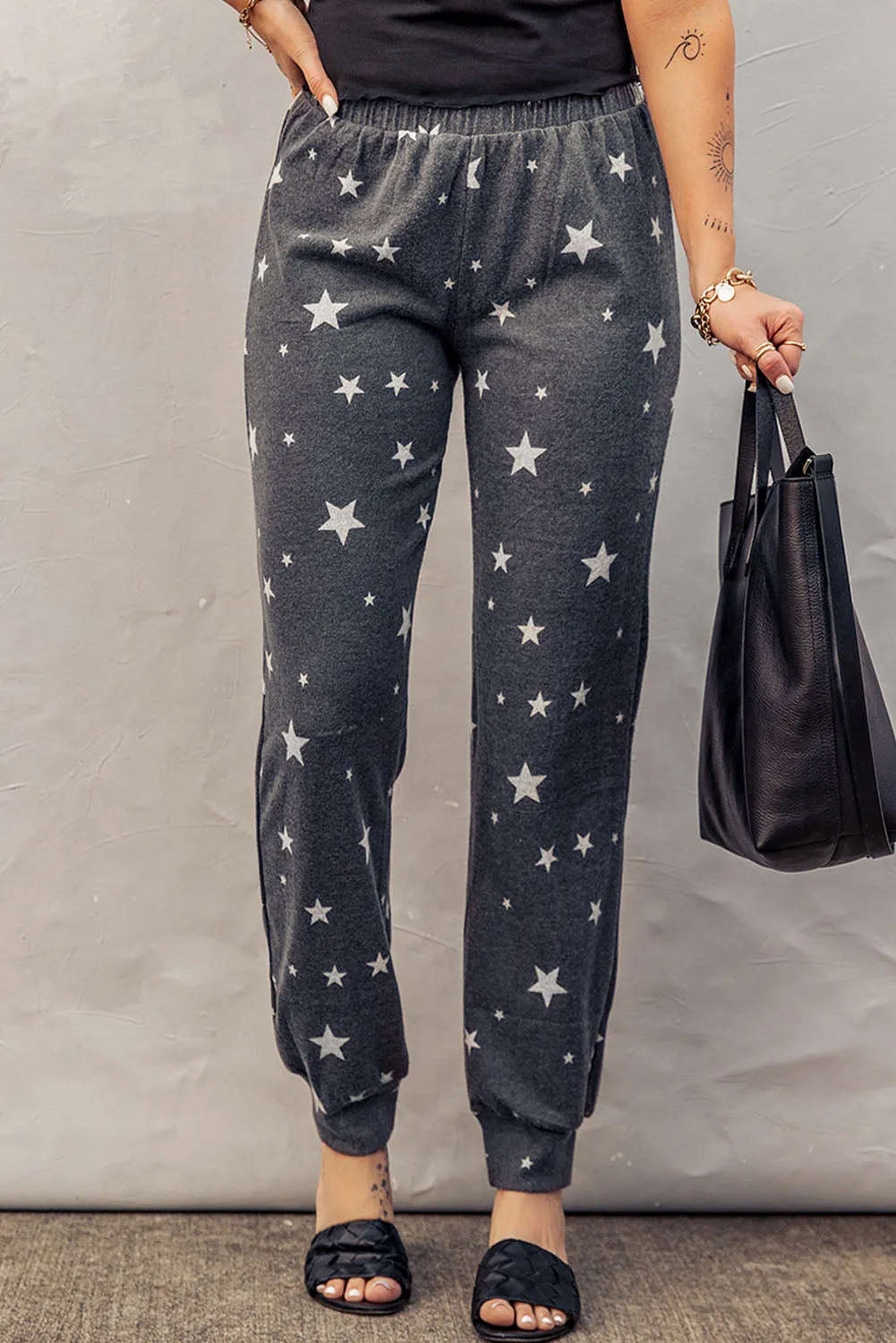 Gray Star Print Elastic Waist Joggers