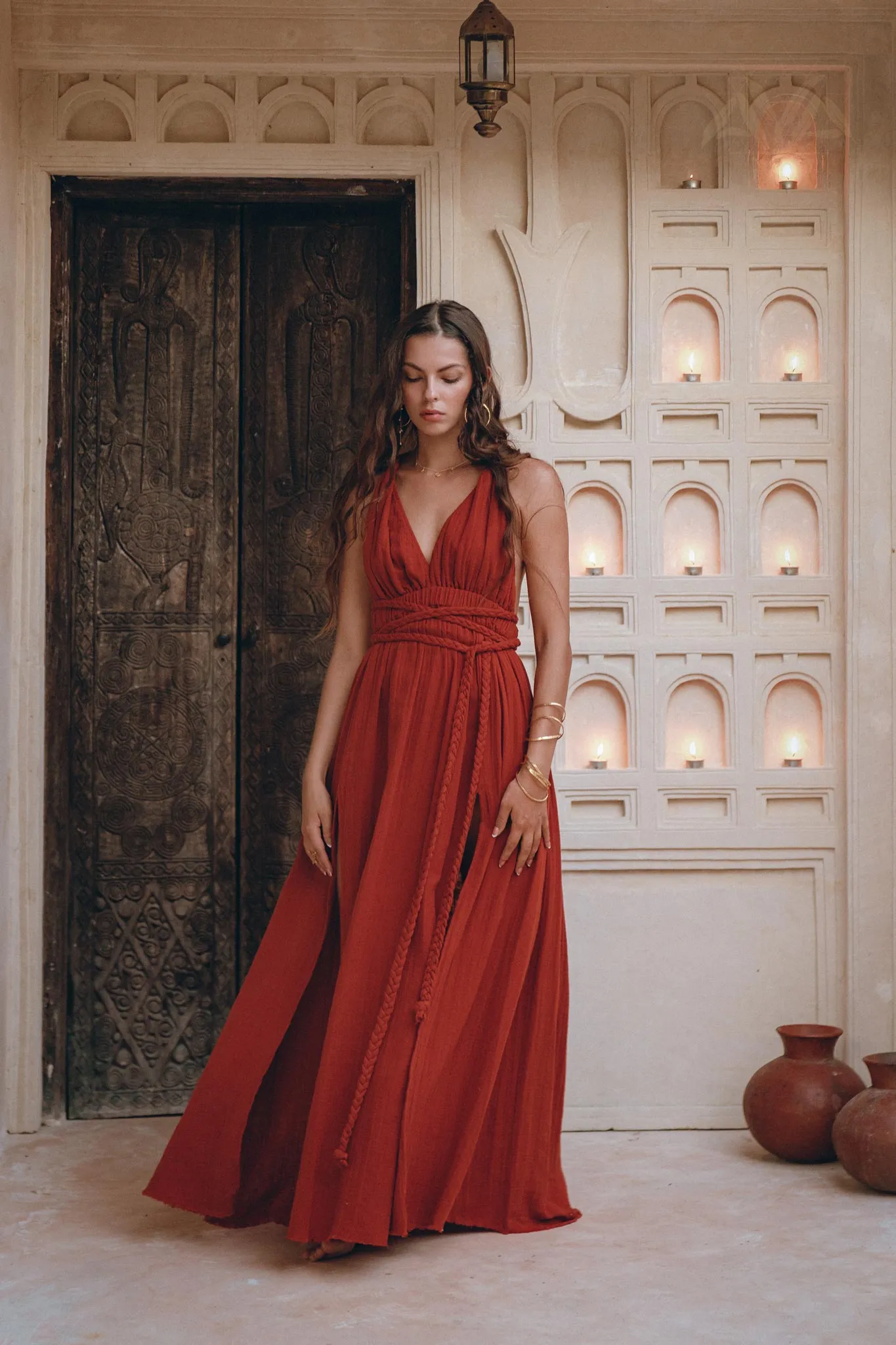 Greek Goddess Dress • Boho Braided Belted Dress • Wine Red Grecian Dress
