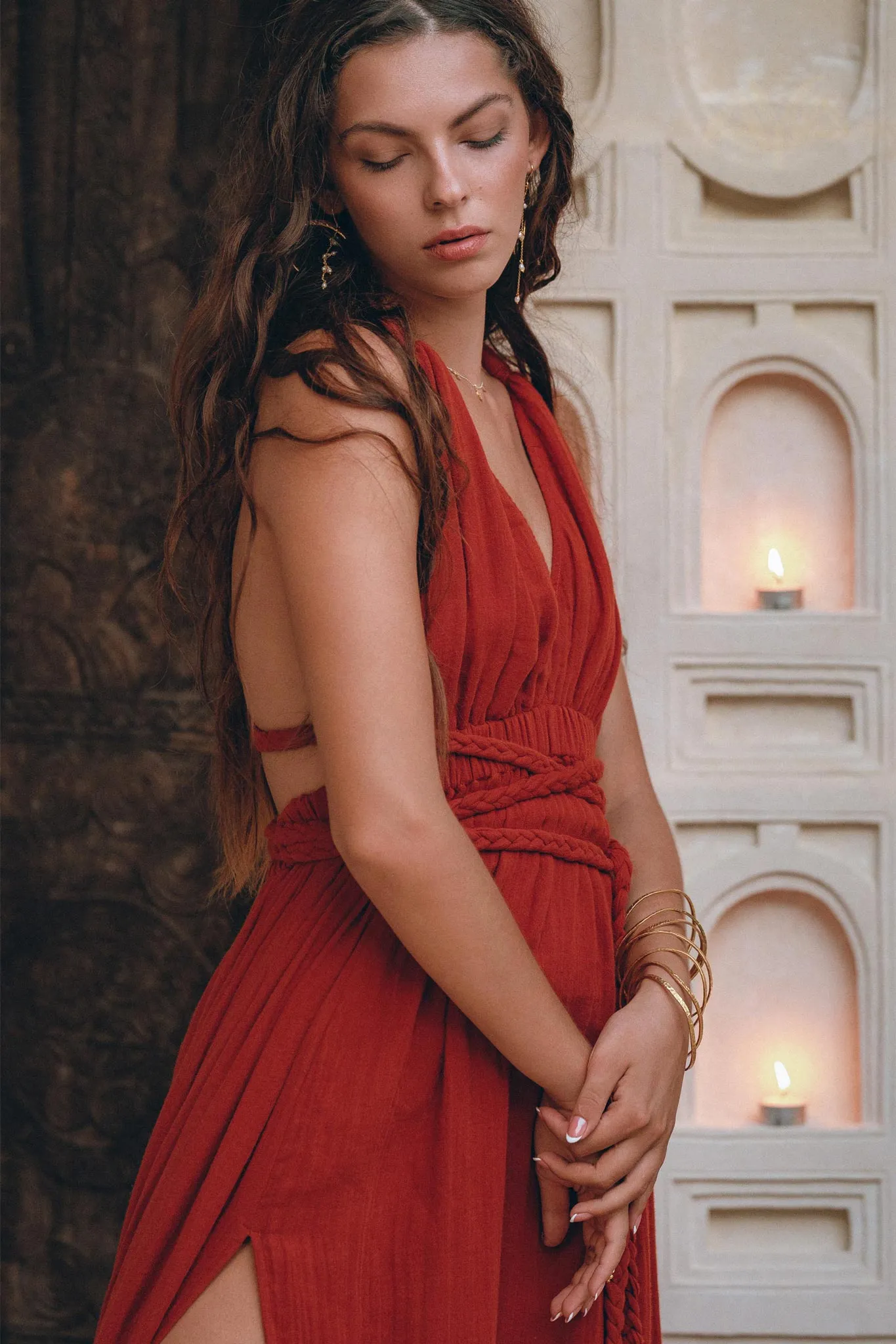 Greek Goddess Dress • Boho Braided Belted Dress • Wine Red Grecian Dress