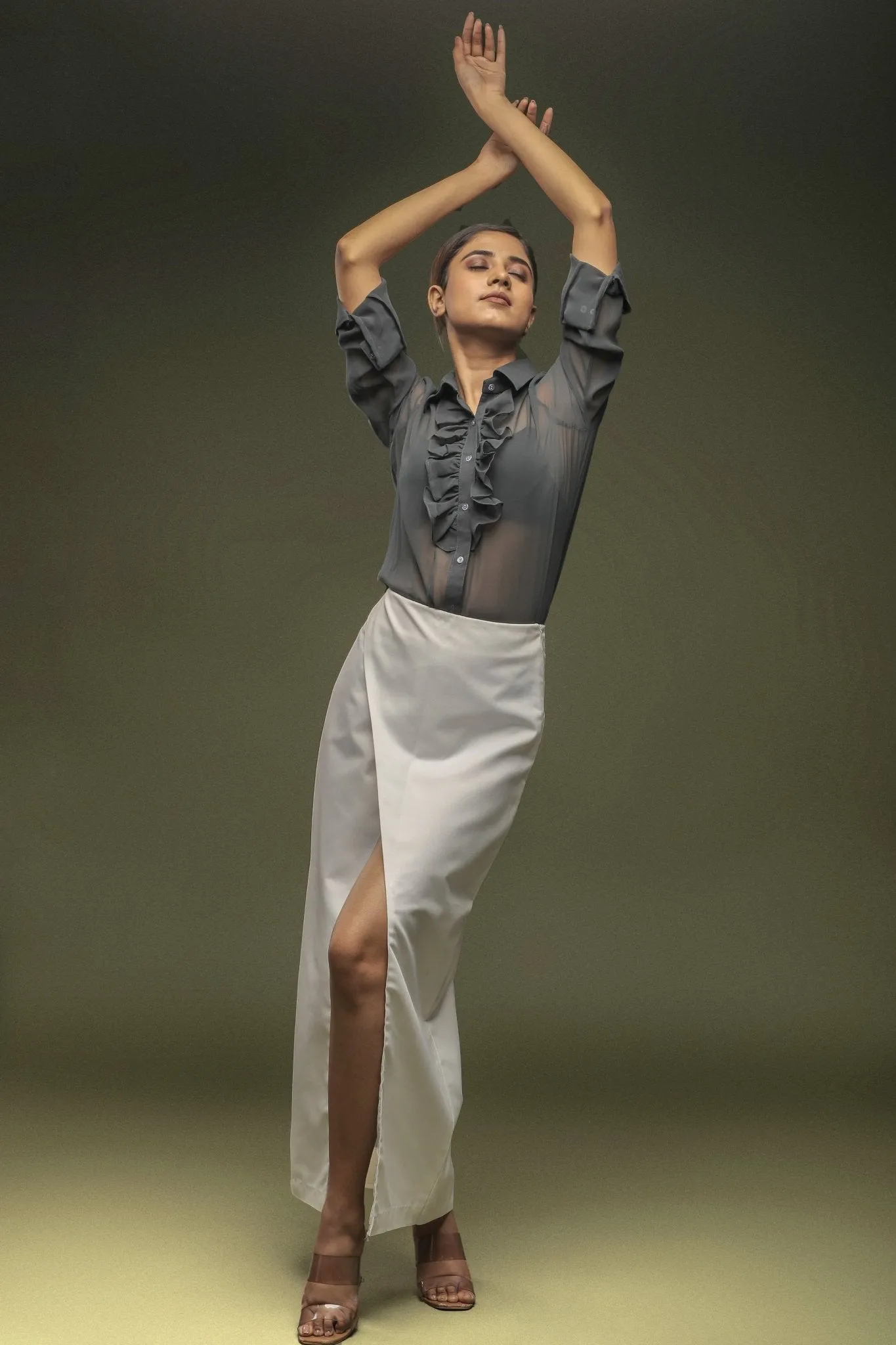 Grey Ruffle Neck Shirt