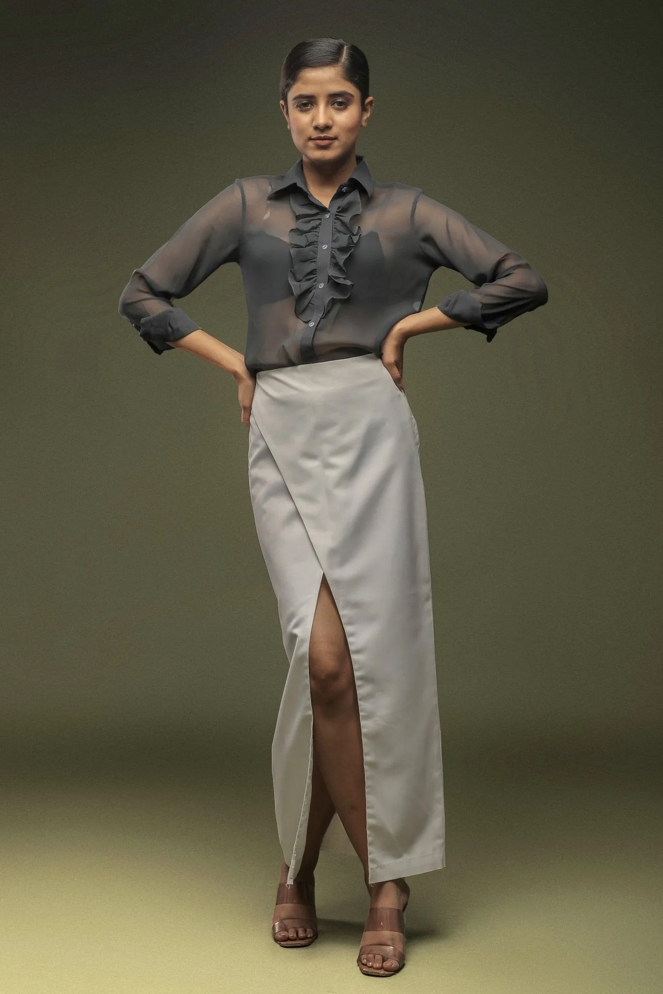 Grey Ruffle Neck Shirt