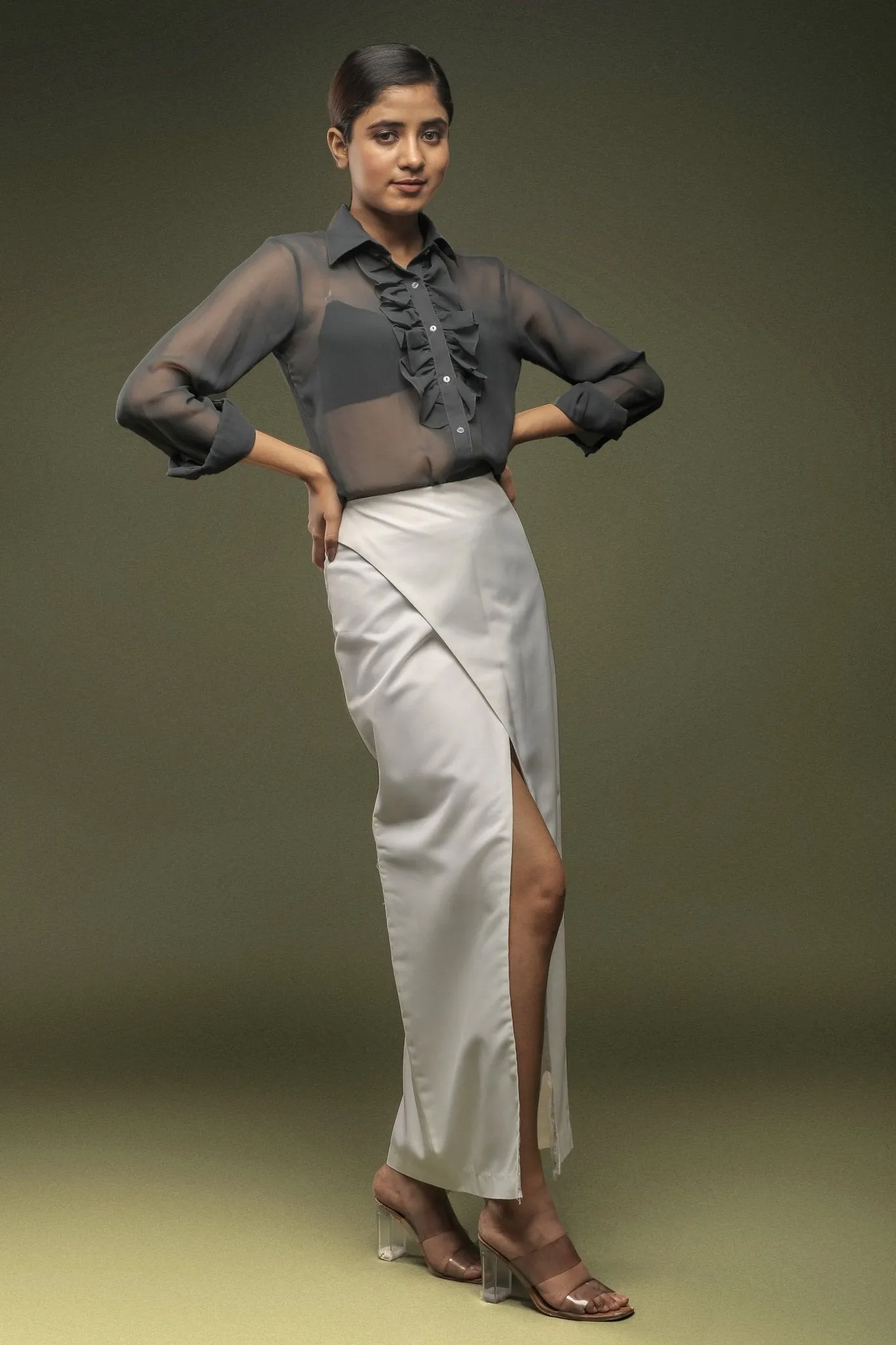 Grey Ruffle Neck Shirt
