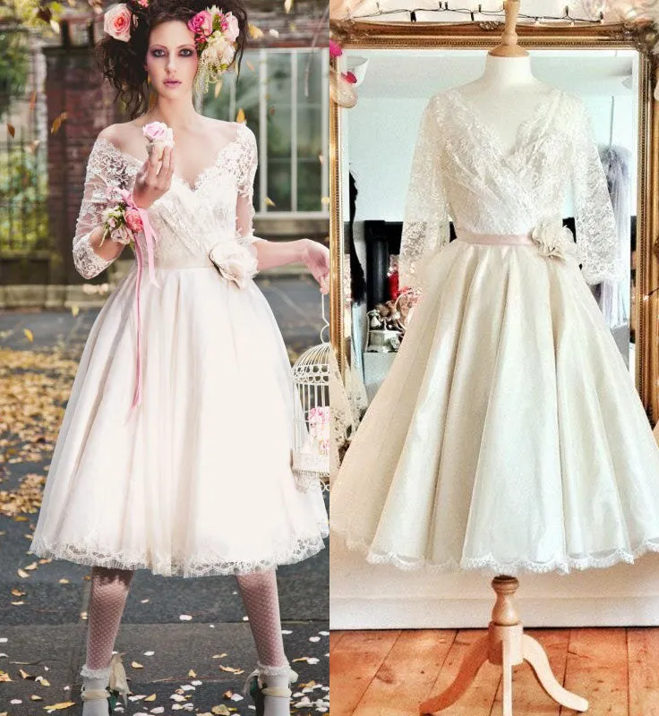 Informal Tea Length Long Sleeve Vintage Wedding Dress