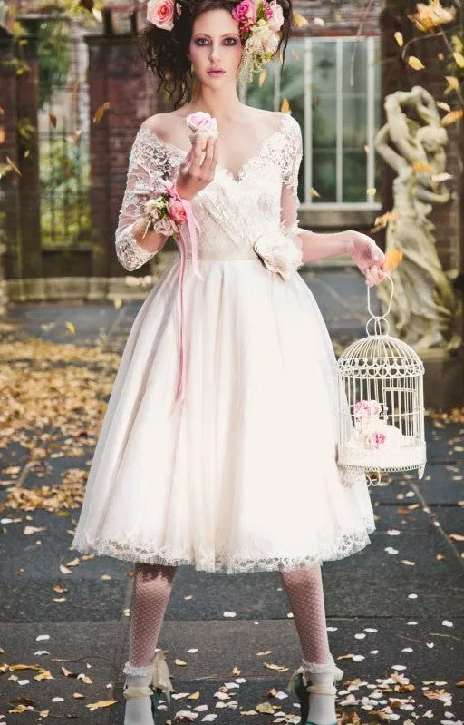 Informal Tea Length Long Sleeve Vintage Wedding Dress