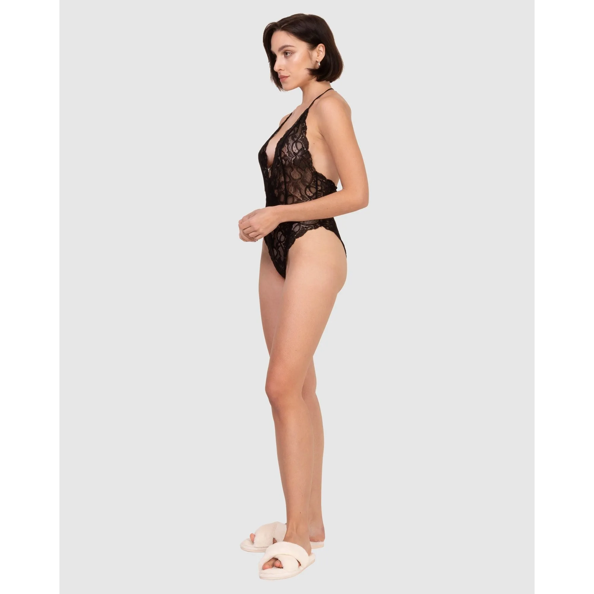 Lace High Leg Halter Lingerie Bodysuit-Black