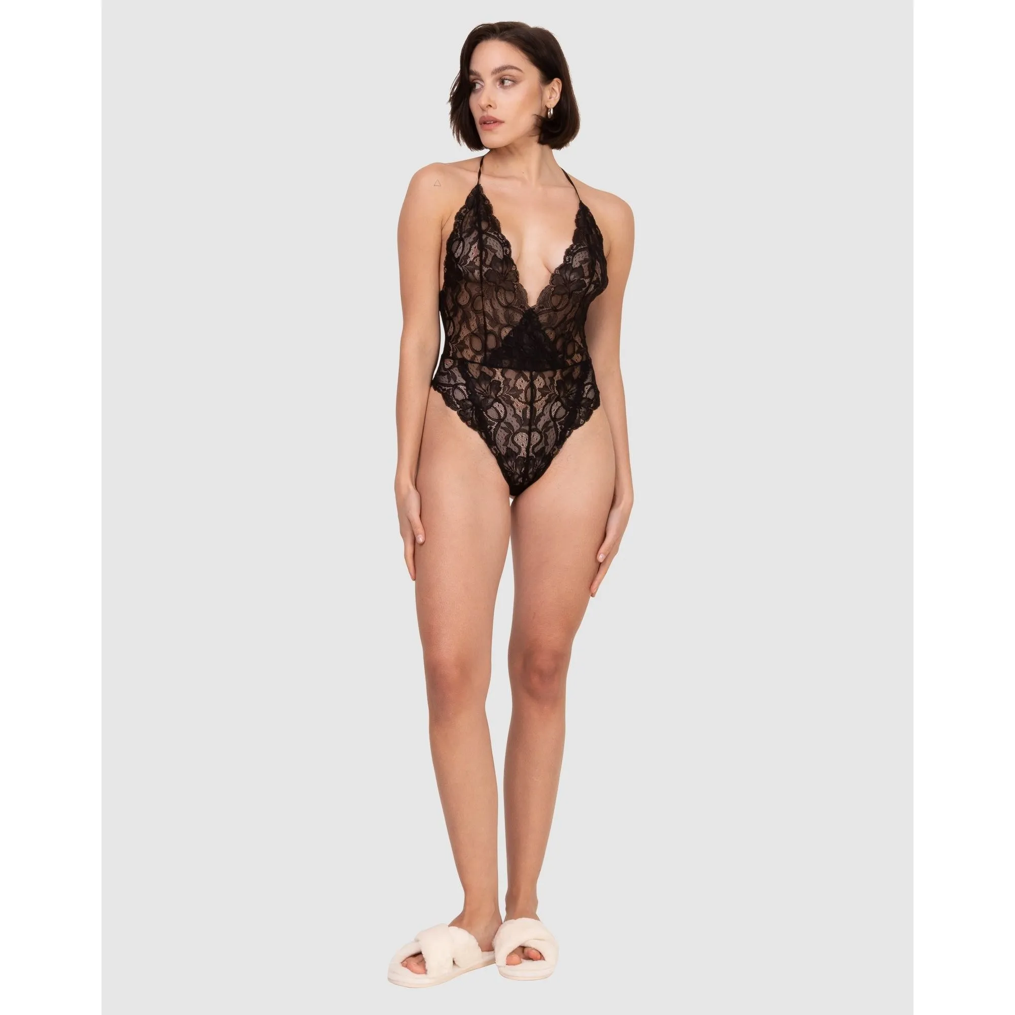 Lace High Leg Halter Lingerie Bodysuit-Black